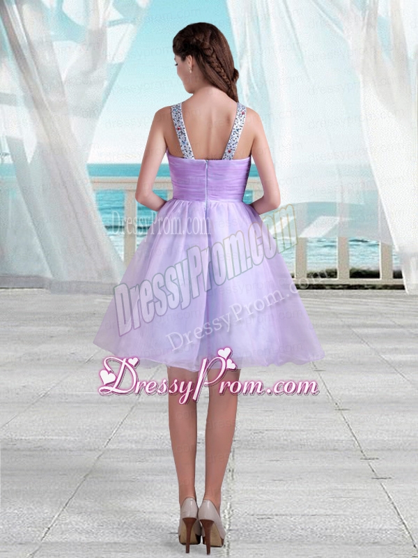 Pretty A Line V Neck Knee Length Beading Prom Dress in Lavender