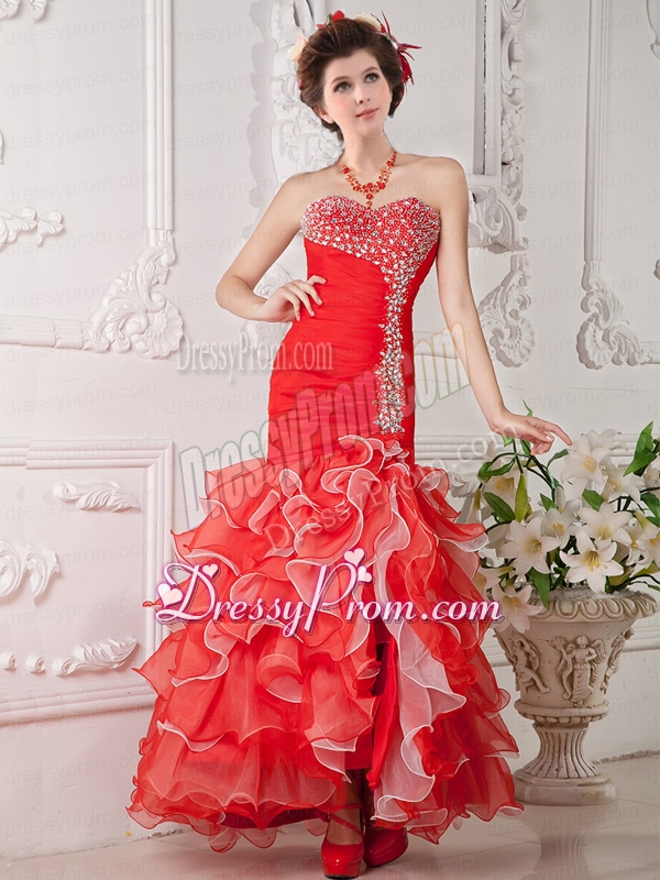 2015 Gorgeous Red Mermaid Sweetheart Beading Organza Evening Dress