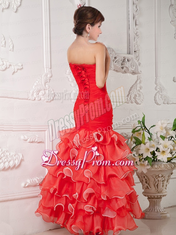 2015 Gorgeous Red Mermaid Sweetheart Beading Organza Evening Dress
