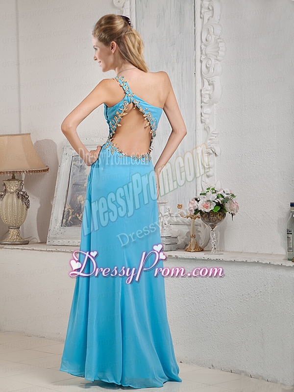 2015 Modest Aqua One Shoulder Beading Colomn Chiffon Prom Dress