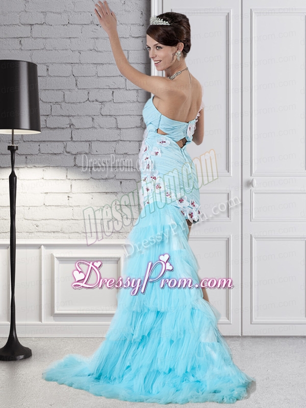 Aqua Blue Column One Shoulder High Low Beading Prom Dress