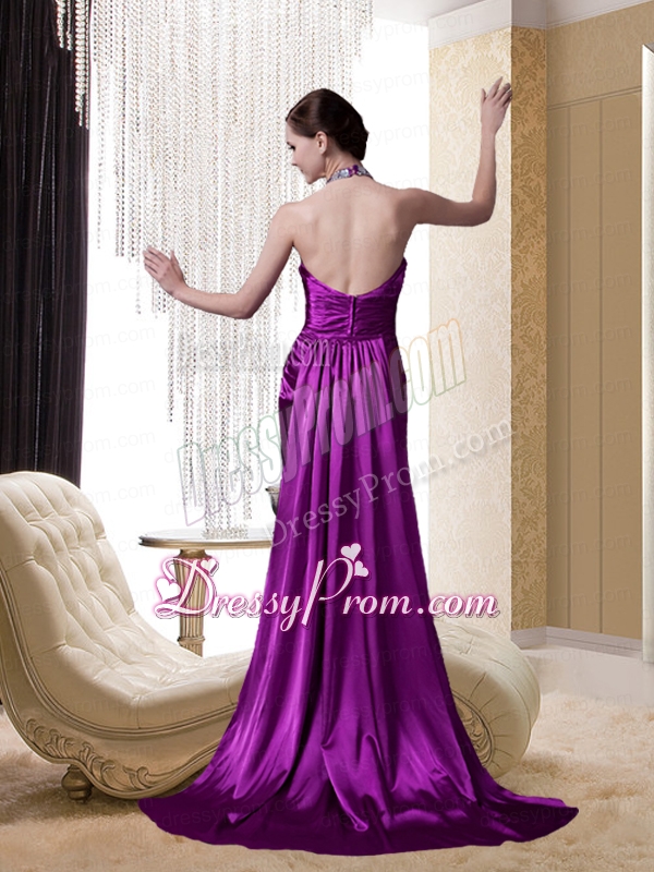 Eggplant Purple Halter Beading and Appliques Prom Dress with Brush Train