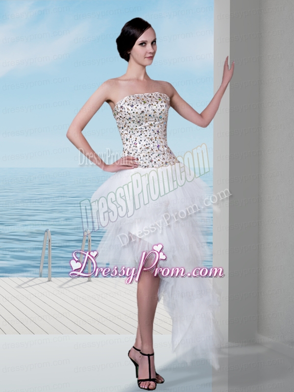 Elegant White Column Strapless High Low Beading Prom Dress
