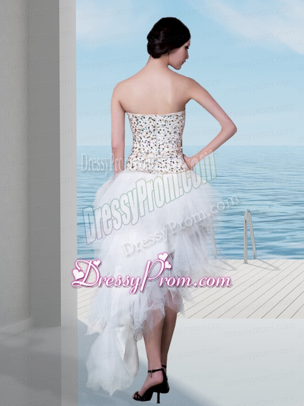 Elegant White Column Strapless High Low Beading Prom Dress