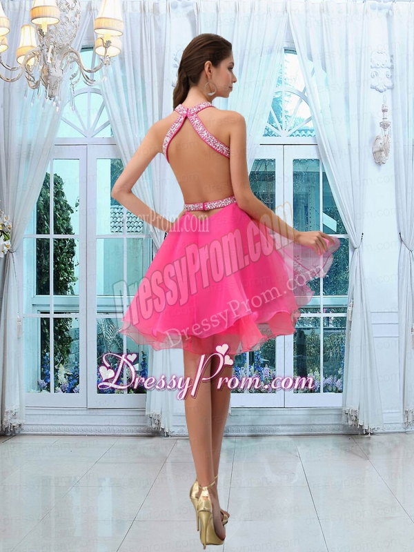 Hot Sale Halter Mini Length Beading Prom Dress in Hot Pink