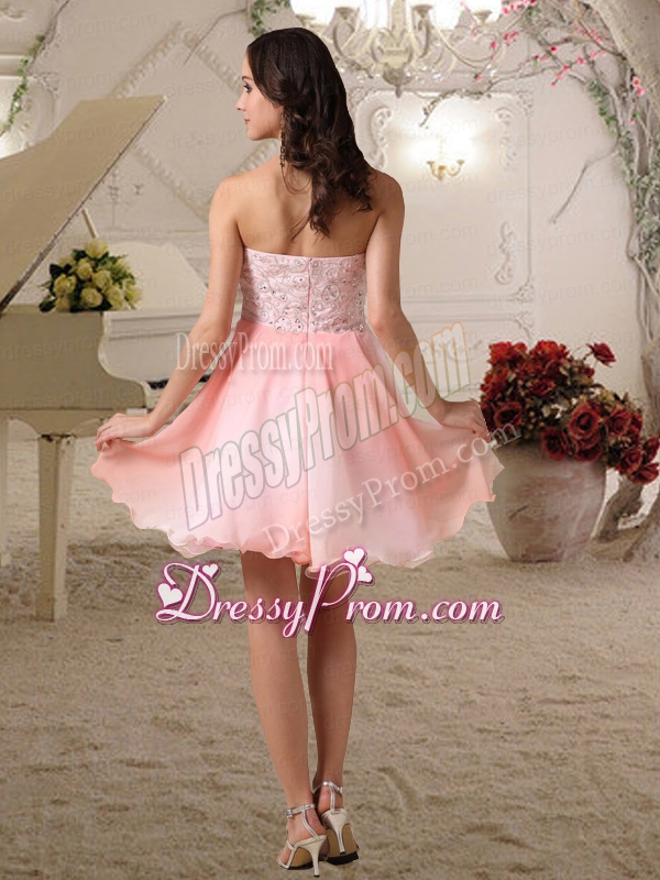 Pink A Line Sweetheart Mini Length Chiffon Beading Prom Dress