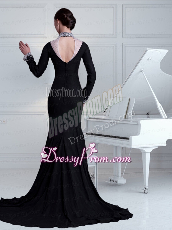 Sexy Black Column High Neck Beading Brush Train Prom Dress