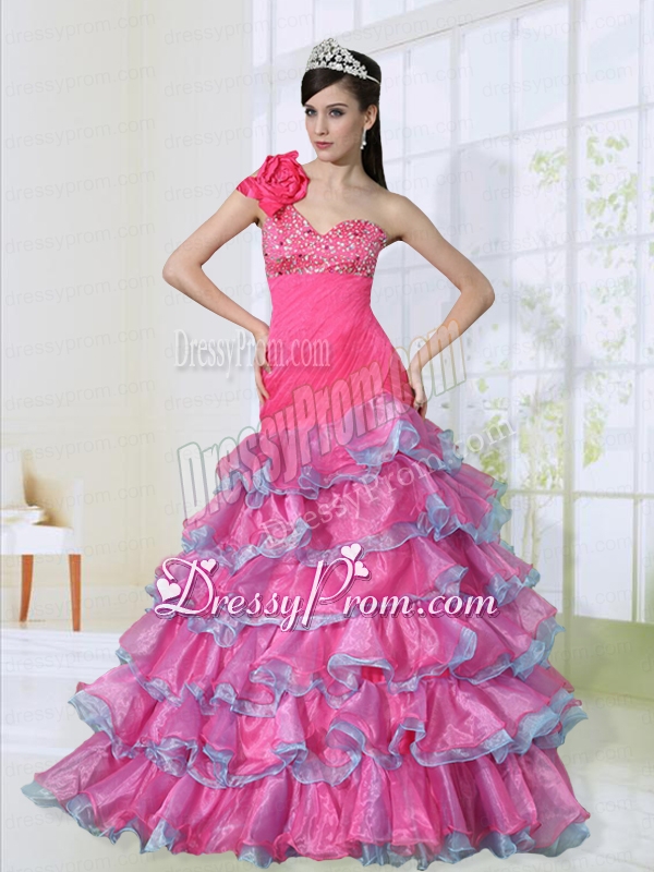 Hand Made Flower Decorate One Shoulder Lovely Prom Dress with Beading