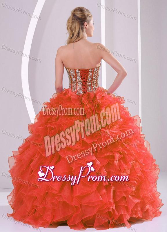Ball Gown Sweetheart Ruffles and Beaded Decorate Coral Red Quinceanera Gowns