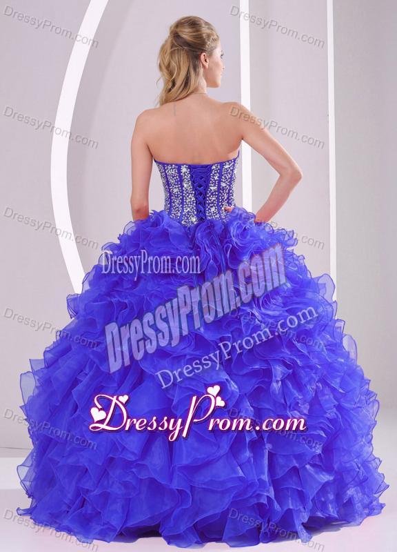 Blue Sweetheart Ruffles and Beaded Decorate Organza Quinceanera Gowns