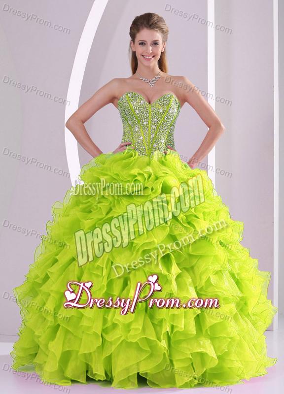 Cute Ball Gown Ruffles and Beading 2013 Fall Quinceanera Gowns in Yellow Green