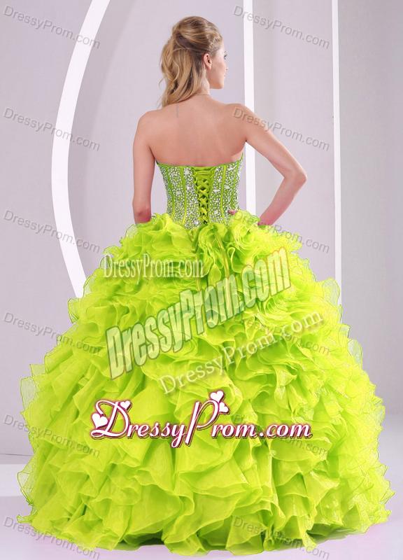 Cute Ball Gown Ruffles and Beading 2013 Fall Quinceanera Gowns in Yellow Green