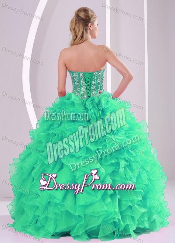 Green Ball Gown Sweetheart Ruffles and Beading Long Quinceanera Gowns in Sweet 16