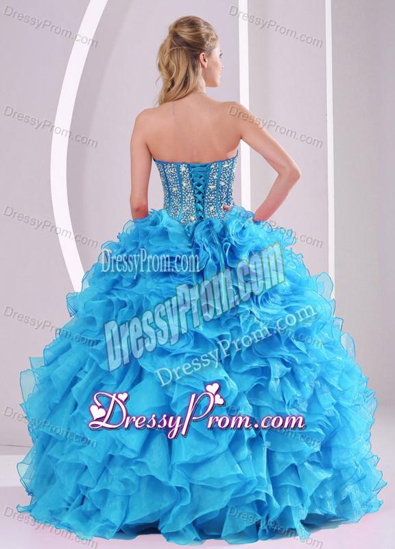 Teal Sweetheart Organza 2014 Quinceanera Gowns with Fitted Waist