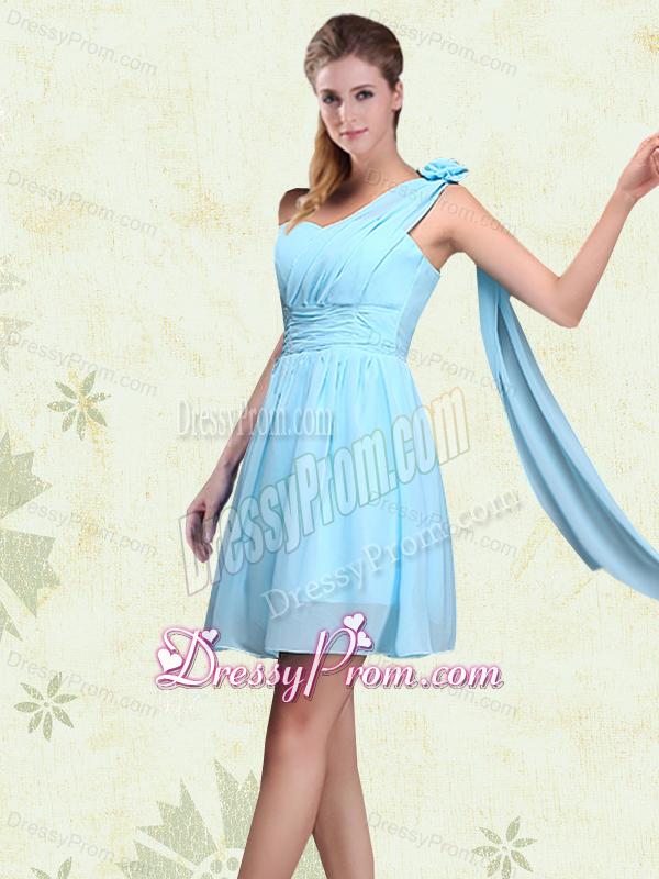 2015 Ruching Chiffon Aqua Blue Dama Dresses with Mini Length