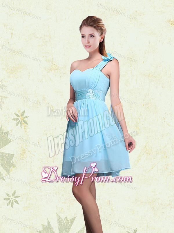2015 Ruching Chiffon Aqua Blue Dama Dresses with Mini Length