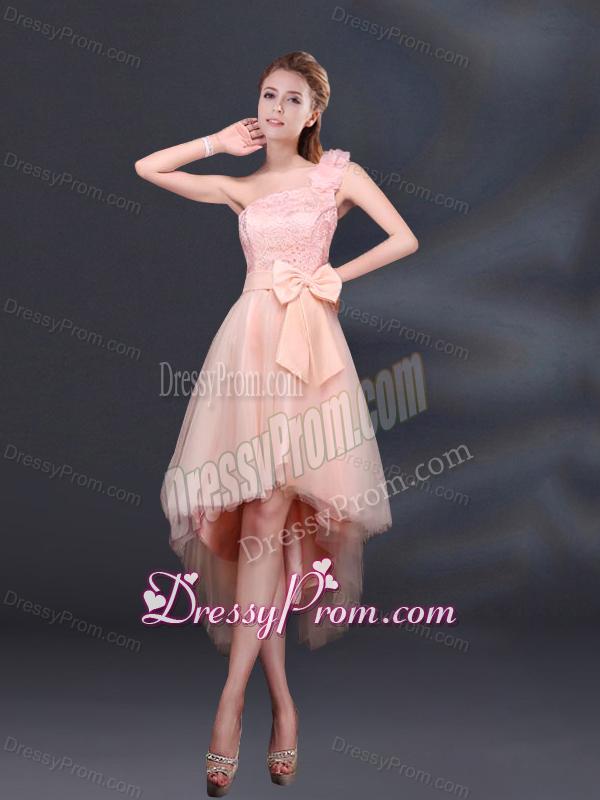 2015 Bowknot High Low Lace Up Dama Dress with One Shoulder