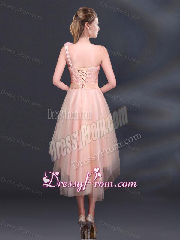 2015 Bowknot High Low Lace Up Dama Dress with One Shoulder