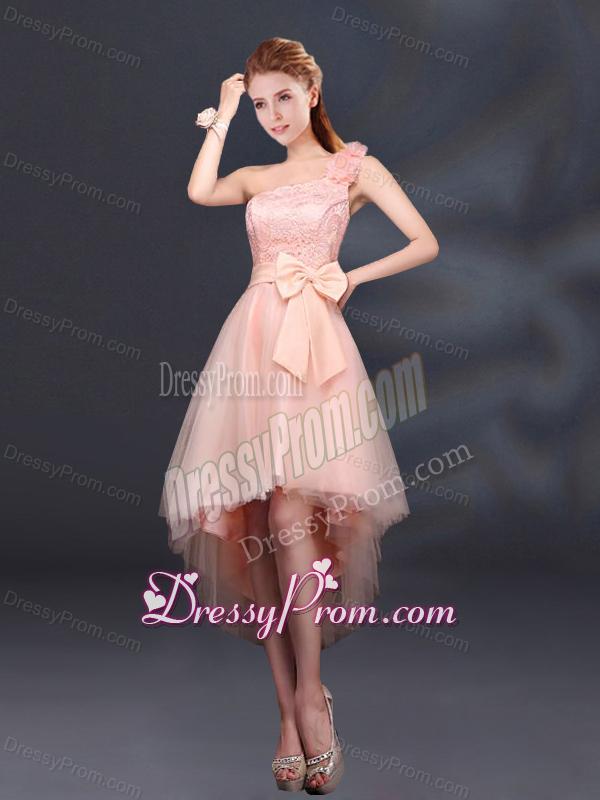 2015 Bowknot High Low Lace Up Dama Dress with One Shoulder