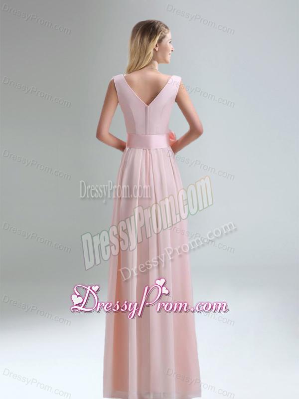 Fashionable Belt Ruching Chiffon Dama Dress with Bowknot