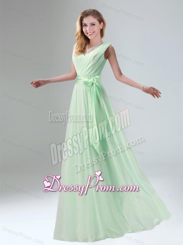 Fashionable Belt Ruching Chiffon Dama Dress with Bowknot