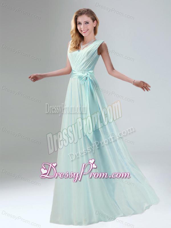 Fashionable Belt Ruching Chiffon Dama Dress with Bowknot