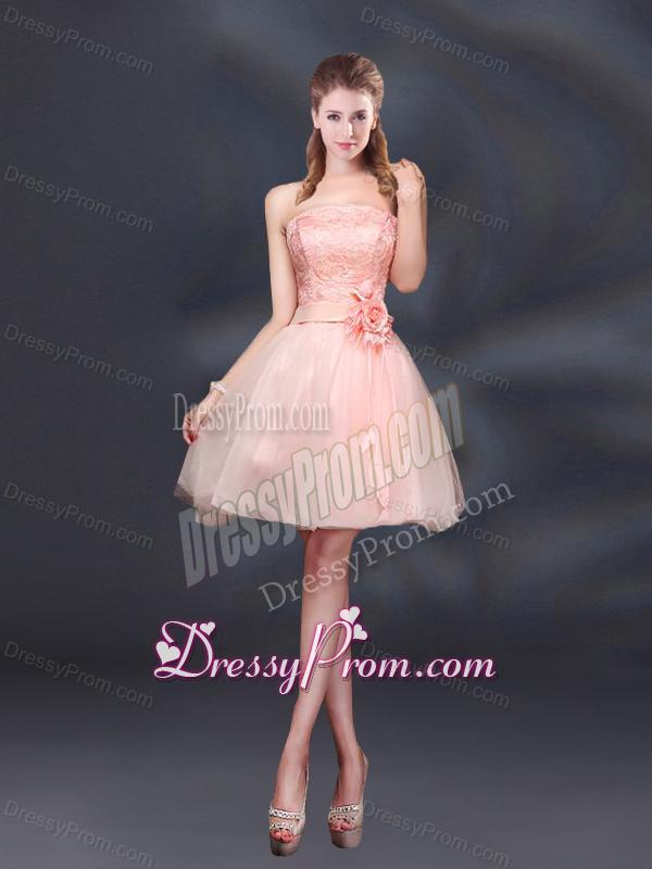 Strapless A Line Hand Made Flowers Dama Dress for 2015