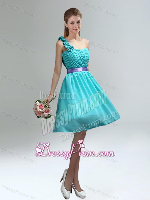 Unique One Shoulder Ruches Teal Dama Dresses with Belt