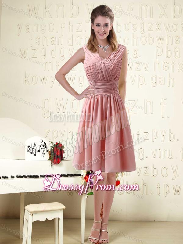 V Neck Empire Chiffon Ruching Dama Dresses for 2015