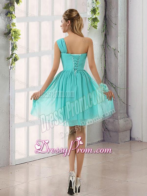 Natural One Shoulder A Line Ruching Lace Up Dama Dress