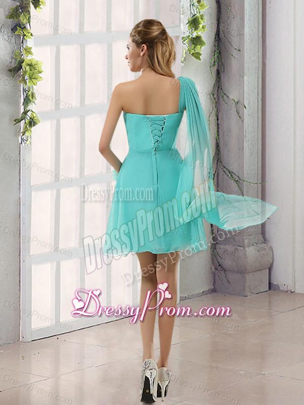 One Shoulder A Line Beading and Ruching Dama Dress with Lace Up