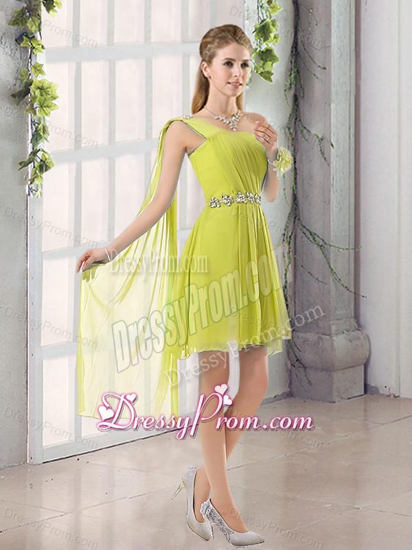 One Shoulder A Line Beading and Ruching Dama Dress with Lace Up