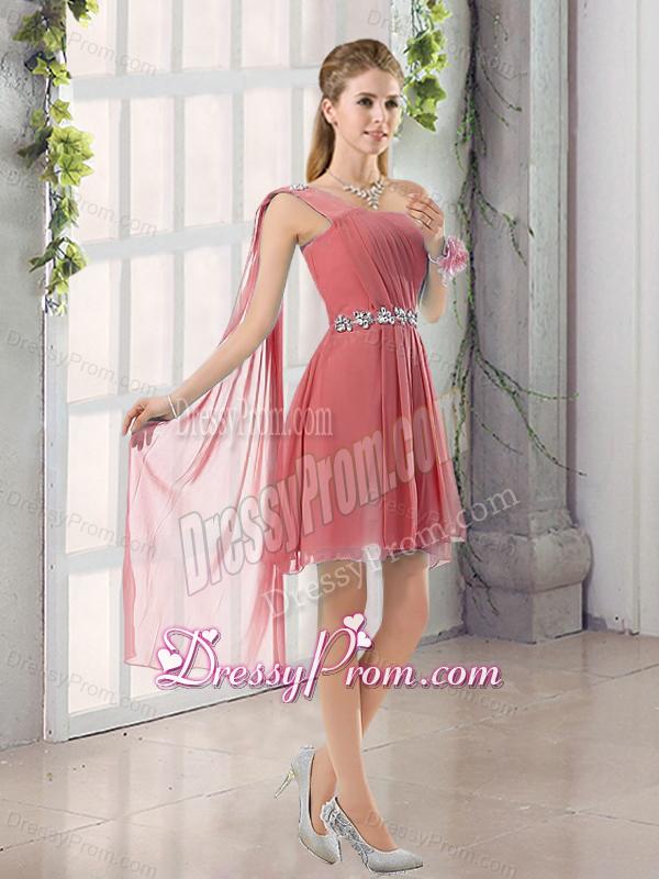 One Shoulder A Line Beading and Ruching Dama Dress with Lace Up