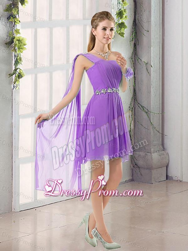 One Shoulder A Line Beading and Ruching Dama Dress with Lace Up