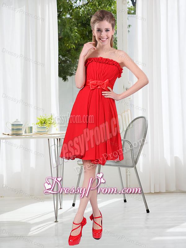 Wonderful Ruching Strapless Bowknot Dama Dress in Red