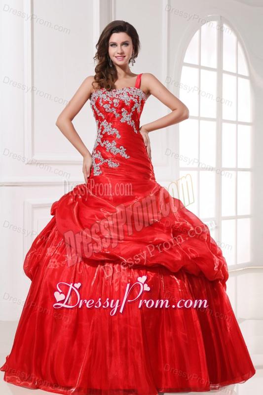 One Shoulder Red Organza Long Quinceanera Dress with Appliques