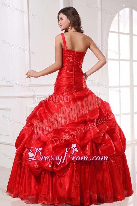 One Shoulder Red Organza Long Quinceanera Dress with Appliques