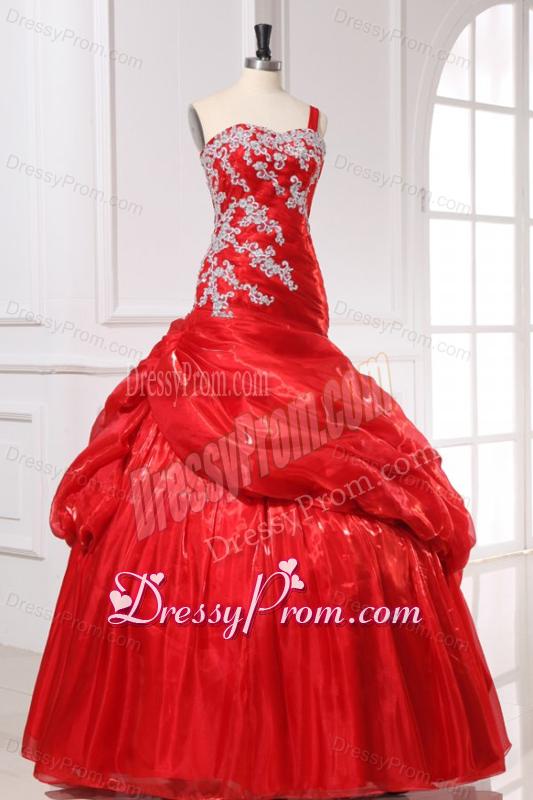 One Shoulder Red Organza Long Quinceanera Dress with Appliques