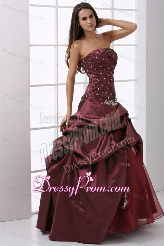 A-line Burgundy Strapless Beading and Appliques Quinceanera Dress