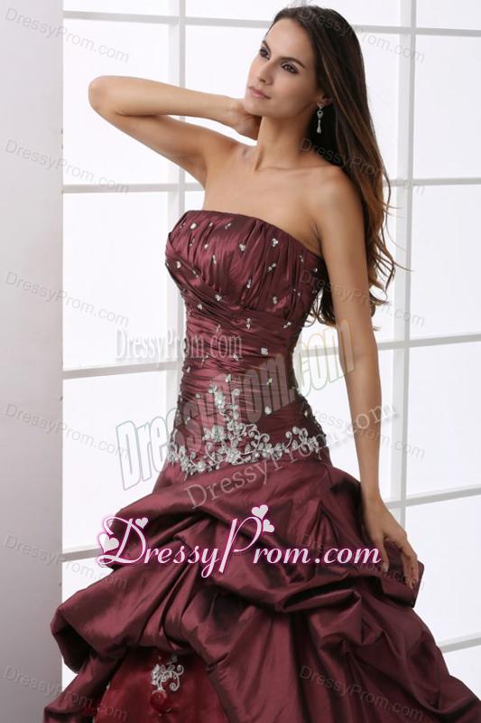 A-line Burgundy Strapless Beading and Appliques Quinceanera Dress