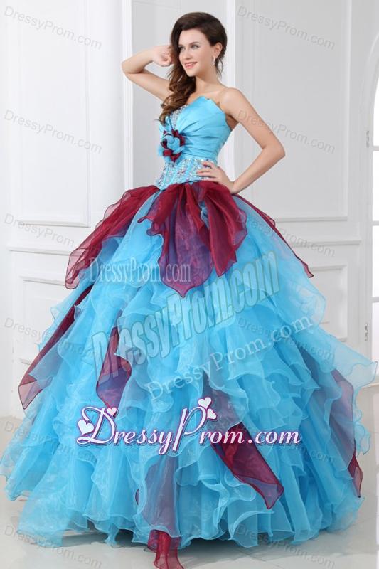 Aqua and Wine Red Strapless Beading and Ruche Quinceanera Dress