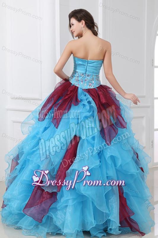 Aqua and Wine Red Strapless Beading and Ruche Quinceanera Dress