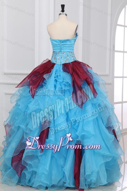 Aqua and Wine Red Strapless Beading and Ruche Quinceanera Dress