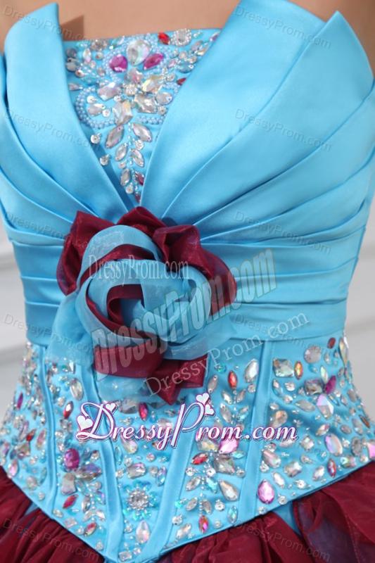 Aqua and Wine Red Strapless Beading and Ruche Quinceanera Dress