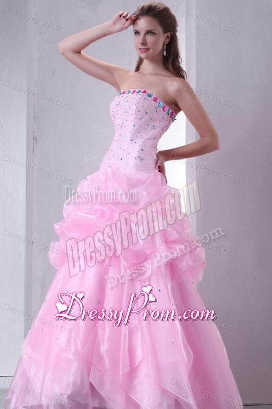 Baby Pink Strapless Beading and Pick-ups Organza Quinceanera Dress