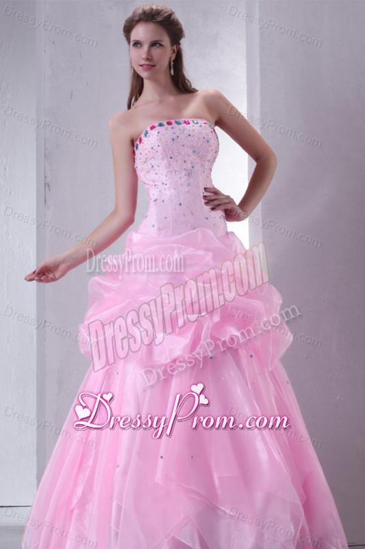 Baby Pink Strapless Beading and Pick-ups Organza Quinceanera Dress