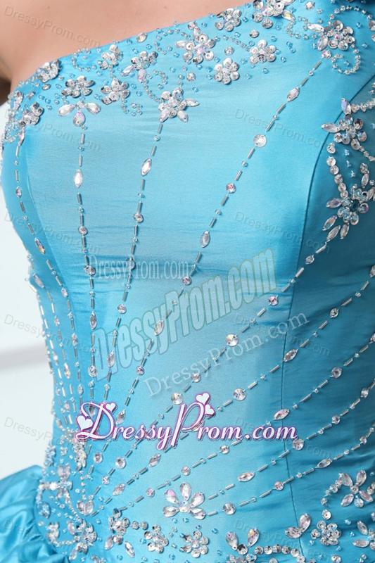 Beading and Pick-ups One Shoulder Teal Taffeta Quinceanera Dress