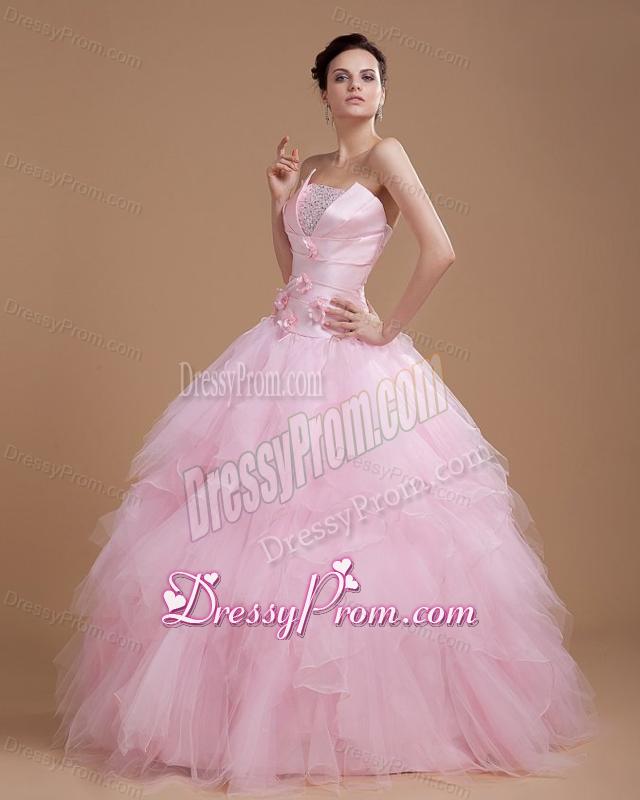 Beading and Ruffles Strapless Organza Quinceanera Dress in Baby Pink