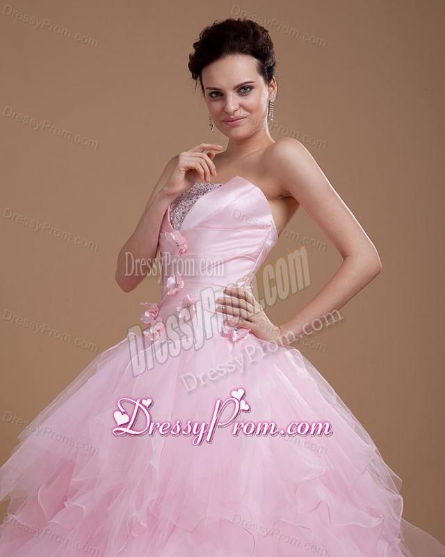 Beading and Ruffles Strapless Organza Quinceanera Dress in Baby Pink