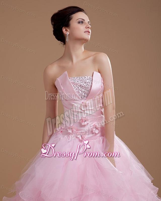Beading and Ruffles Strapless Organza Quinceanera Dress in Baby Pink